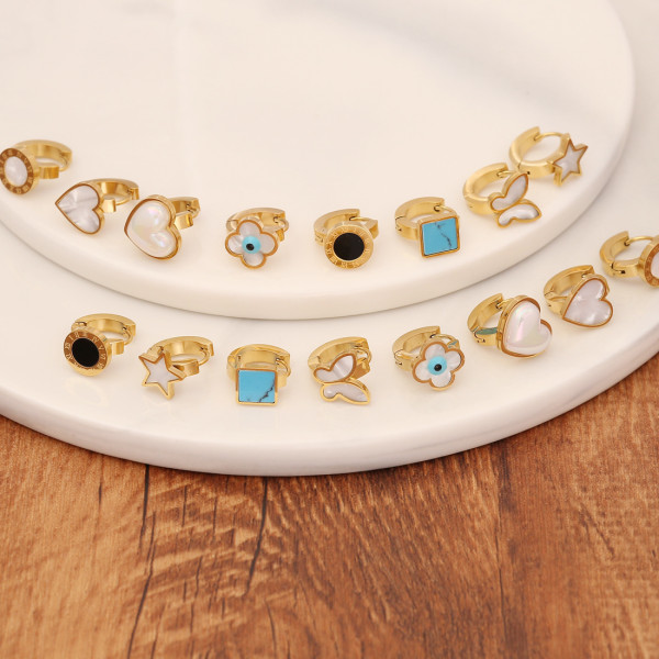 Pendientes con forma de corazón de pentagrama dulce, mariposa, incrustaciones de acero inoxidable, turquesa, 1 par