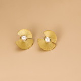 Pendientes retro de perlas artificiales asimétricas de acero inoxidable con flor de vieira, 1 par