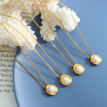 Collar con colgante de perlas artificiales con incrustaciones de acero de titanio geométrico retro, 1 pieza