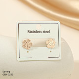 1 par de pendientes chapados en plata con incrustaciones de flores de trébol de cuatro hojas de estilo Simple, diamantes de imitación de acero inoxidable, chapado en oro rosa