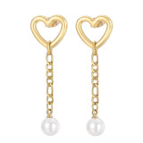 1 par de pendientes colgantes chapados en perlas de acero inoxidable con forma de corazón, ropa de calle de estilo moderno