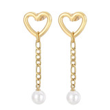 1 par de pendientes colgantes chapados en perlas de acero inoxidable con forma de corazón, ropa de calle de estilo moderno