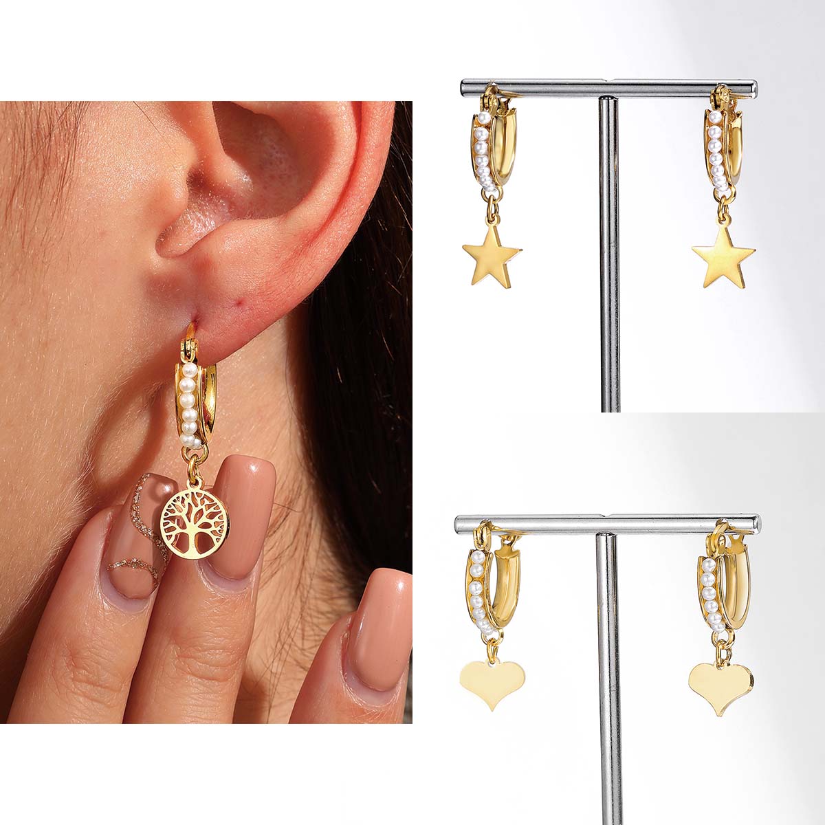 1 par de pendientes colgantes de perlas artificiales con incrustaciones de plástico de acero inoxidable con forma de estrella y árbol en forma de corazón