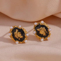 Pendientes chapados en oro de 18K con incrustaciones de perlas artificiales, retrato de estilo francés, estilo Vintage, 1 par