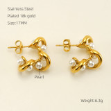 Pendientes chapados en oro de 18K, elegantes, ovalados irregulares, Color sólido, pulido, incrustaciones, perlas de agua dulce de acero inoxidable, 1 par