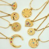 Collar con colgante chapado en oro de 14K con incrustaciones de acero de titanio y forma de corazón, Luna, ojo del diablo Retro