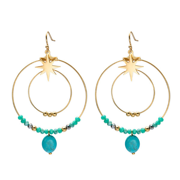 Pendientes colgantes de acero inoxidable con doble círculo y estrella de piedra natural con cuentas geométricas