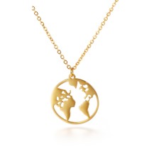 Exquisito collar de acero inoxidable con mapa del mundo, hueco Simple, de doble cara, de oro de 18 quilates, cadena para clavícula, cadena para suéter
