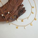 Collar de acero de titanio con forma de estrella y luna de estilo simple, collares de acero inoxidable con perlas chapadas en oro