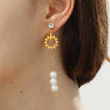 1 par de pendientes colgantes chapados en oro con incrustaciones de borlas de perlas de imitación de acero inoxidable con forma de trébol de cuatro hojas y estilo informal y sencillo