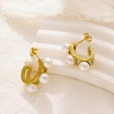 Pendientes chapados en oro y perlas de acero inoxidable con incrustaciones redondas en forma de C, Estilo Vintage, 1 pieza