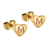 1 par de pendientes chapados en oro de 18 quilates de acero inoxidable con forma de corazón y letras de estilo sencillo