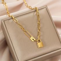 Collar chapado en oro de 18 quilates con bloqueo de letras de estilo coreano y chapado en acero de titanio