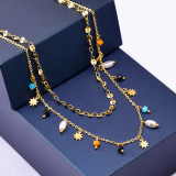 Collares en capas con cuentas de perlas artificiales con incrustaciones de acero de titanio y estrella geométrica de moda