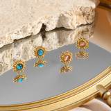 Pendientes geométricos retro de acero inoxidable con incrustaciones de ópalo Pendientes de acero inoxidable