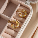 Pendientes elegantes de acero inoxidable en forma de C con incrustaciones de perlas artificiales Pendientes de acero inoxidable con circonitas