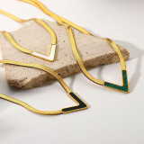 Collar de oro de 18 quilates de acero inoxidable con cadena de serpiente plana de concha blanca Natural de malaquita verde de concha negra en forma de V