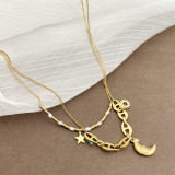 Collares en capas chapados en oro con revestimiento de perlas pulido de acero inoxidable Sol Estrella Luna viaje informal