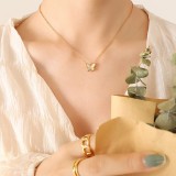 Conjunto de collar de concha de mar blanca y mariposa simple, aretes, aretes, acero de titanio dorado de 18 quilates