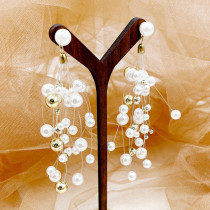 1 par de pendientes colgantes chapados en oro con perlas artificiales de acero inoxidable con bola artística exagerada