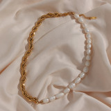 Conjunto de pulsera y collar de acero inoxidable para mujer, perlas naturales de agua dulce, nueva moda