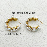 1 par de pendientes chapados en oro con perlas artificiales de acero inoxidable con incrustaciones redondas elegantes
