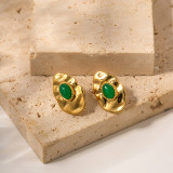 Pendientes chapados en oro de 18K con incrustaciones de gemas, 1 par, elegantes, Retro, ovalados irregulares, chapados en acero inoxidable