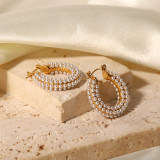 Pendientes de aro de perlas con incrustaciones de acero inoxidable en forma de U a la moda, 1 par