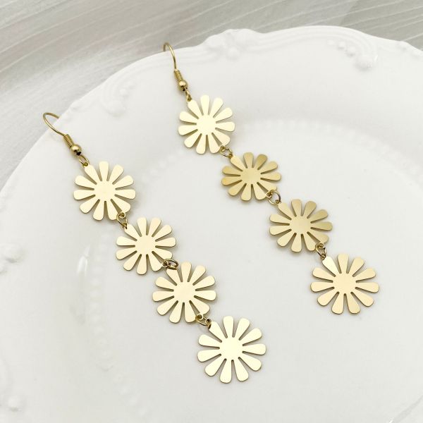 Pendientes colgantes chapados en borlas de acero inoxidable con flores a la moda, 1 par