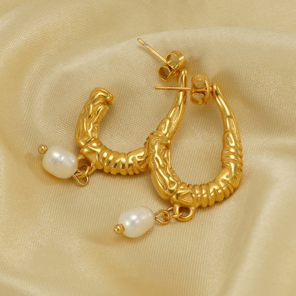 1 par de pendientes colgantes chapados en oro de 18 quilates de acero inoxidable chapado en perlas de Color sólido en forma de U de estilo vintage