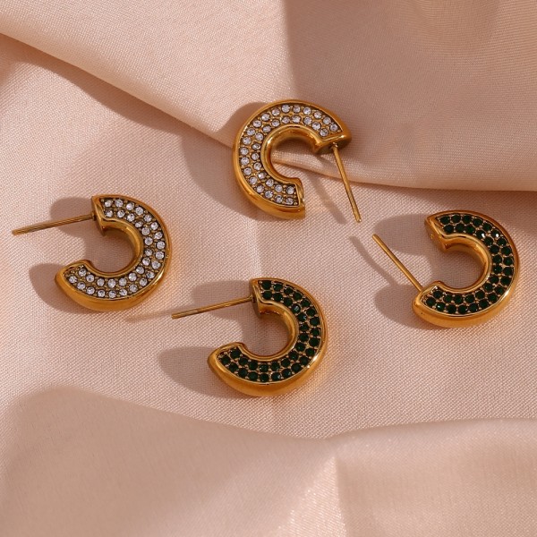 1 par de pendientes chapados en oro de 18 quilates con incrustaciones de diamantes de imitación chapados en acero inoxidable en forma de C estilo clásico estilo clásico básico