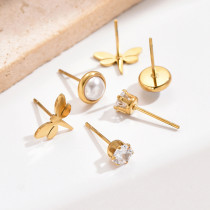 Pendientes chapados en oro de 14K con incrustaciones de libélula de perlas de estilo Simple y dulce, perlas artificiales de acero inoxidable con circonita, 3 pares