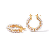 Pendientes de aro de perlas con incrustaciones de acero inoxidable en forma de U a la moda, 1 par
