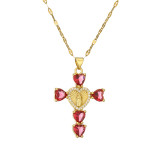 Collar con colgante chapado en oro con incrustaciones de cobre y acero inoxidable con forma de corazón y cruz humana, estilo Simple