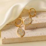 Pendientes de diamantes artificiales chapados en oro de acero inoxidable con hojas de moda 1 par