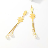 1 par de pendientes colgantes chapados en oro con incrustaciones de borlas de perlas de imitación de acero inoxidable con forma de trébol de cuatro hojas y estilo informal y sencillo