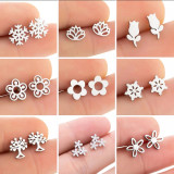 Pendientes chapados en acero inoxidable con forma de copo de nieve, 1 par