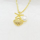 Collar con colgante de concha de diamantes de imitación de perlas artificiales con incrustaciones de acero de titanio geométrico de estilo Simple