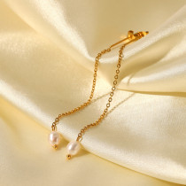 Pendientes de acero inoxidable de oro de 18 quilates con rosca larga y colgante de perlas de moda