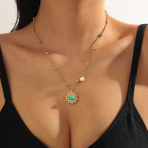 1 collar de flores turquesa electrochapado en oro auténtico bohemio, collar de perlas florales a la moda para mujer