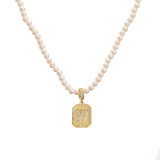 Collar de diamantes de imitación artificiales chapado en oro con perlas de imitación y letras geométricas a la moda para mujer Collares de acero inoxidable