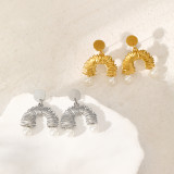 1 par de pendientes elegantes semicirculares irregulares de acero inoxidable con perlas de imitación