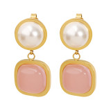 Pendientes colgantes de perlas artificiales, chapados en acero de titanio, cuadrados y redondos, elegantes, 1 par