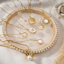 Collar Con Colgante De Perlas Artificiales Chapado En Oro De Acero Titanio Geométrico De Moda