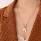 Collar de oro auténtico de 18 quilates con hebilla de flor de concha de mar blanca OT francesa para mujer