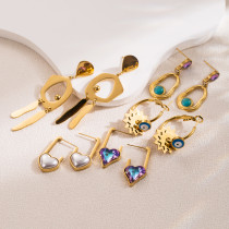 Pendientes colgantes chapados en oro y perlas, ropa de calle elegante con incrustaciones de ojos en forma de corazón, acero de titanio, turquesa, diamantes de imitación, 1 par