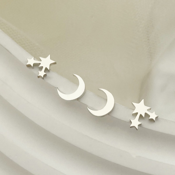 2 pares de pendientes de acero inoxidable pulidos con forma de estrella y Luna de estilo Simple y dulce
