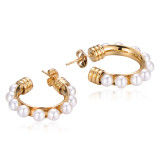 1 par de pendientes chapados en oro y perlas de acero inoxidable con incrustaciones geométricas de estilo clásico para mujer