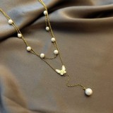 Collares de doble capa chapados en oro de acero de titanio de mariposa de estilo simple a granel