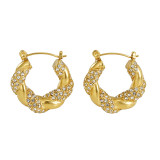 Pendientes redondos de acero inoxidable chapados en oro con diamantes de imitación para mujer, 1 par
